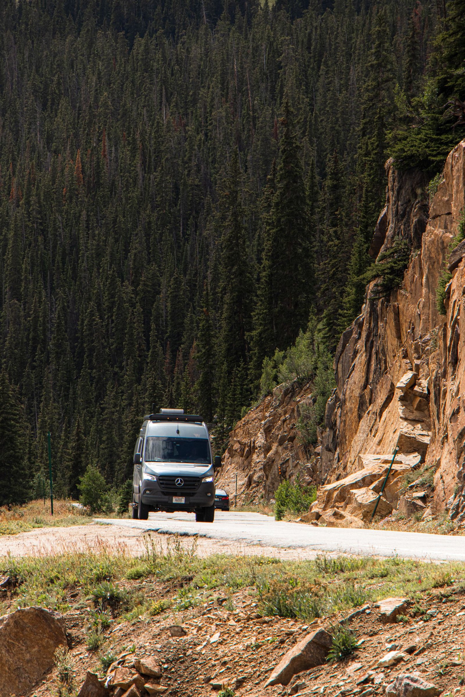 A Pine Transportation van traveling a scenic forested mountain road
